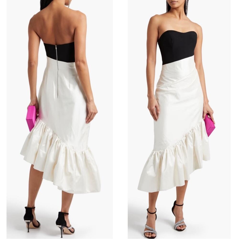 RASARIO Ruffled Silk Crepe Corset Strapless Two Tone Asymmetric Midi Dress Sz 4